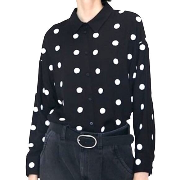 Zara Black Button Up Embroidered Pom Pom Polka Dot Collared Dolman Sleeve Top XS - Picture 1 of 14